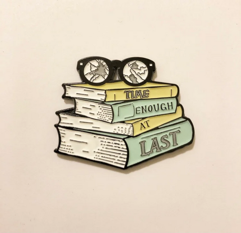Twilight Zone episode reference "Time Enough At Last" 1 1/2" stack of books broken glasses glow-in-the-dark soft enamel clutch back lapel pin
