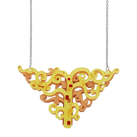Art Nouveau Collection "Tree of Life" Klimt-inspired yellow peach red layered resin pendant on 17" - 21" adjustable silver metal chain