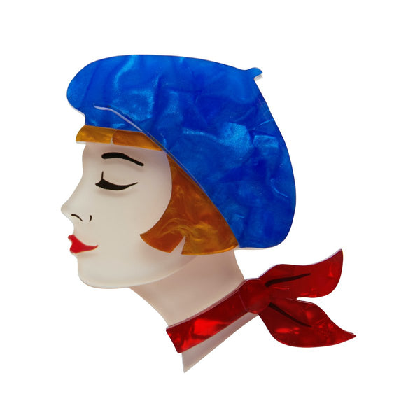 Paris Holiday Collection "Très Chic" layered resin girl in royal blue beret brooch