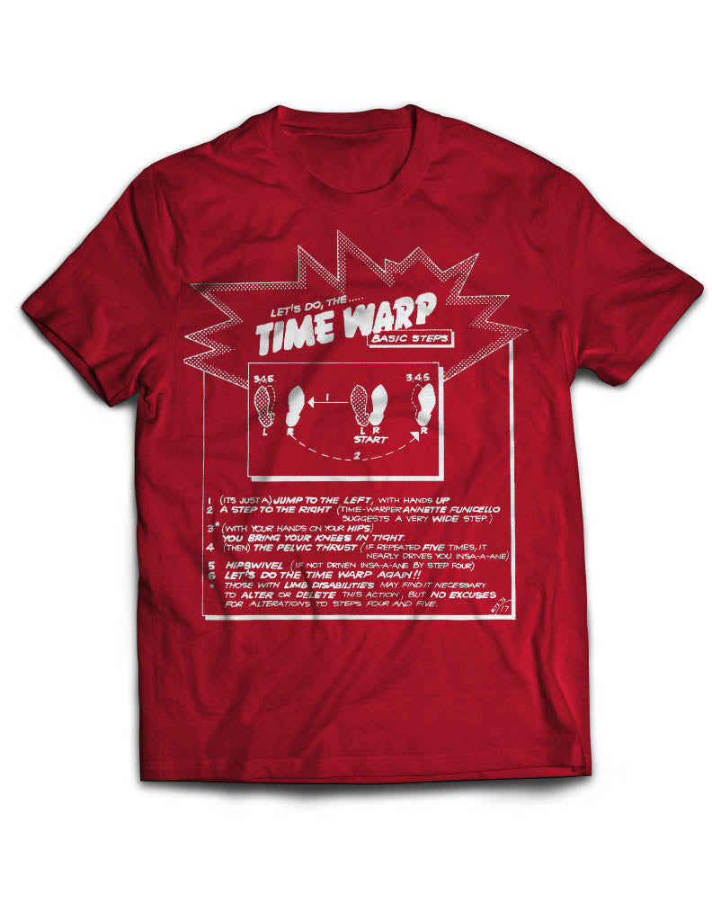 Rocky Horror Picture Show Time Warp dance instructions in white on fitted red guy's sizing t-shirt