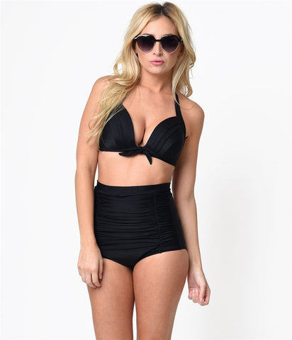 Black Halter style Bikini Top with front bow detail, shown on model