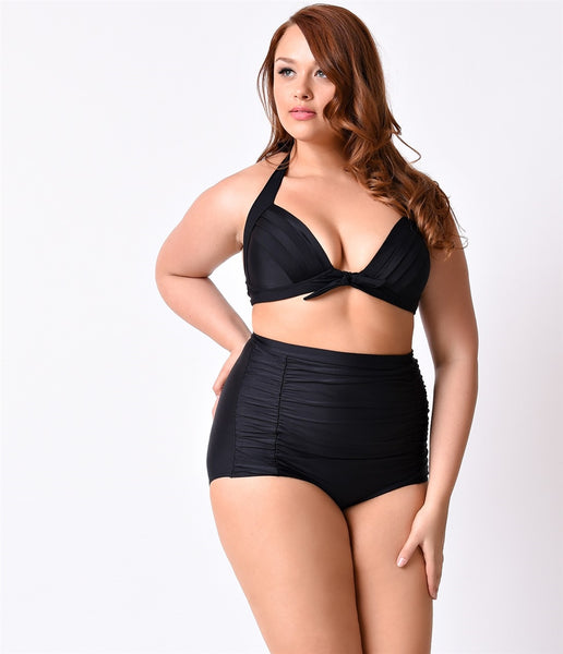 Black Halter style Bikini Top with front bow detail, shown on model