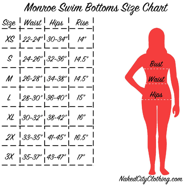"Monroe Swim Bottoms Size Chart" info graphic