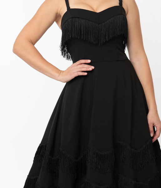 Black Fringe Girlie Dress by Unique Vintage