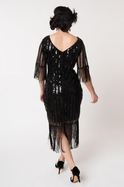 Marcy Black Sequin Flapper Dress by Unique Vintage - Size M