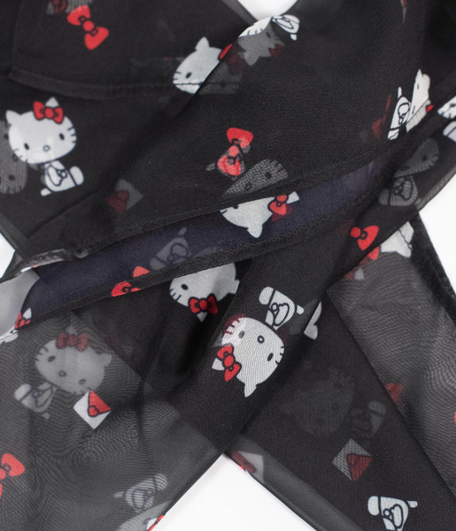 black background allover Hello Kitty and letters print 28" square sheer chiffon scarf, close-up