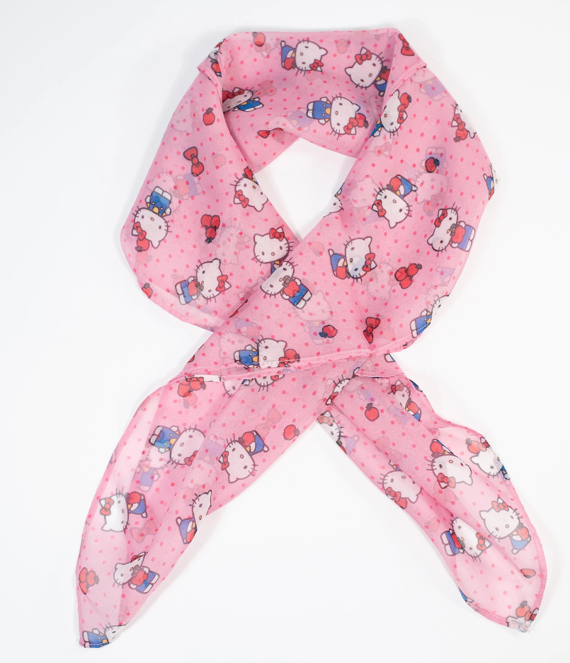 pink dotted allover Hello Kitty and apples print 28" square sheer chiffon scarf