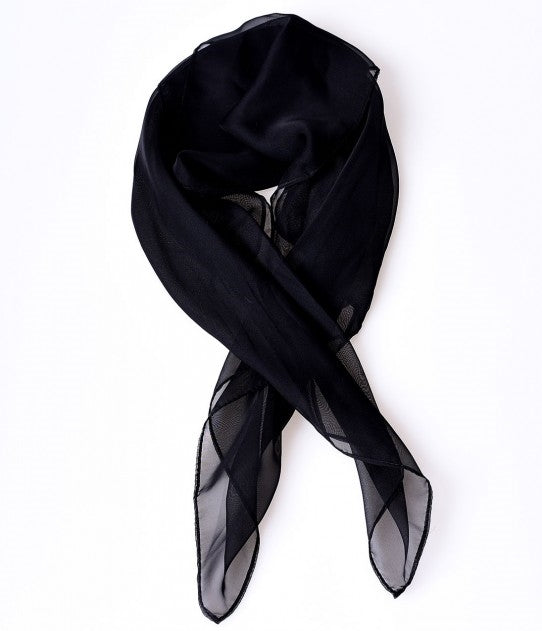 semi-sheer black chiffon 28" square scarf, shown gathered with ends crossed