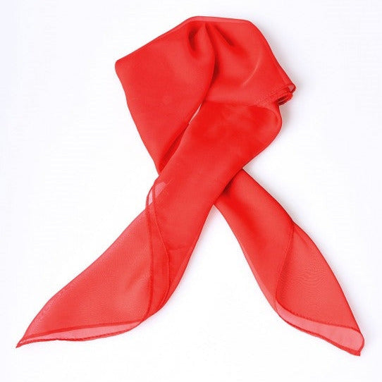 semi-sheer red chiffon 28" square scarf, shown gathered with ends crossed
