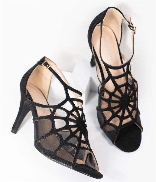 pair black faux suede and mesh Charlotte spiderweb design strappy 3 1/2" heel sandal shoes