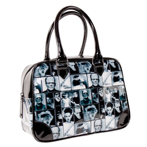 Tiled black & white photo images of the Bride of Frankenstein and Frankenstein's monster, paired with shiny black vinyl handles and top on a bowler style purse with top zipper closure