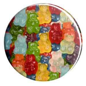 photo image of shiny colorful assorted gummy bears on a 2.5" round metal pinback button