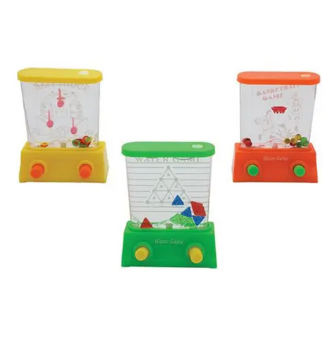 plastic push button water games shown in yellow, green, and orange options