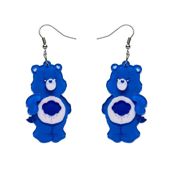 pair Care Bears Collection "What's Up, Grumpy Bear" standing blue bear, white belly with raincloud design layered resin dangle earrings