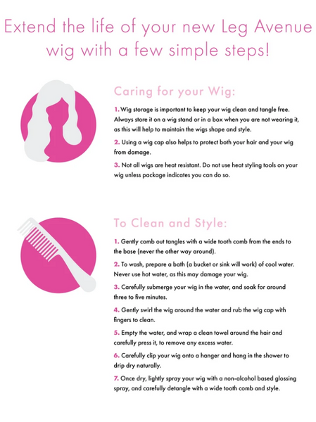 "Extend the life of your Leg Avenue wig with a few simple steps!" info graphic