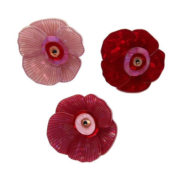 Erstwilder x Jocelyn Proust Collaboration Collection "Wild Rose Bouquet" red & pink set of three layered resin wild hibiscus blossom brooches