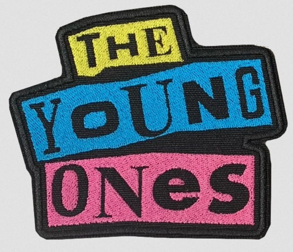 The Young Ones yellow, blue, and pink embroidery logo on black canvas patch