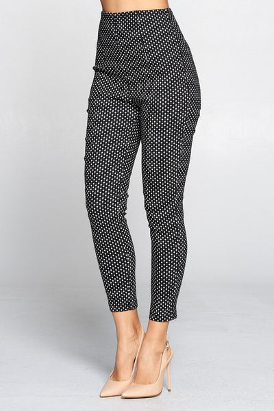 thick stretch jacquard knit black, white, and grey diamond pattern high waist cropped cigarette pants, shown on model