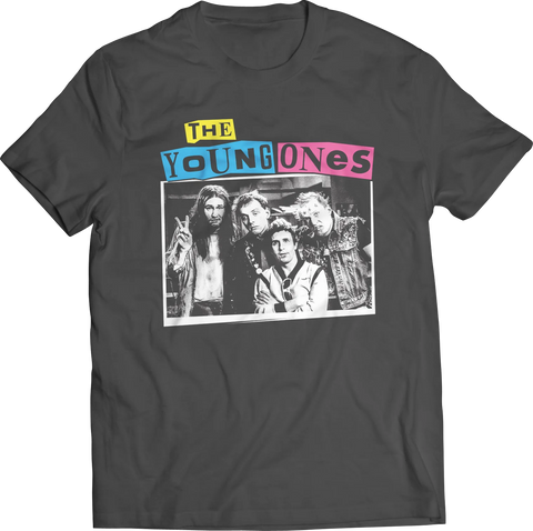 The Young Ones "Flatmates" group photo under color logo print on a black 100% cotton guy's sizing t-shirt, shown flatlay