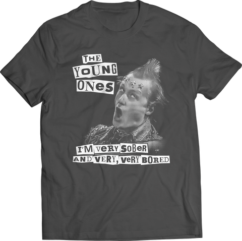 The Young Ones' Vyvyan black and white portrait image with his "I'm very sober, and very very bored" quote on a black 100% cotton men's sizing t-shirt, shown flatlay