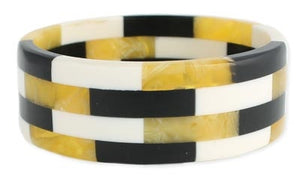 1" wide yellow, black and creamy white block patterned resin bangle