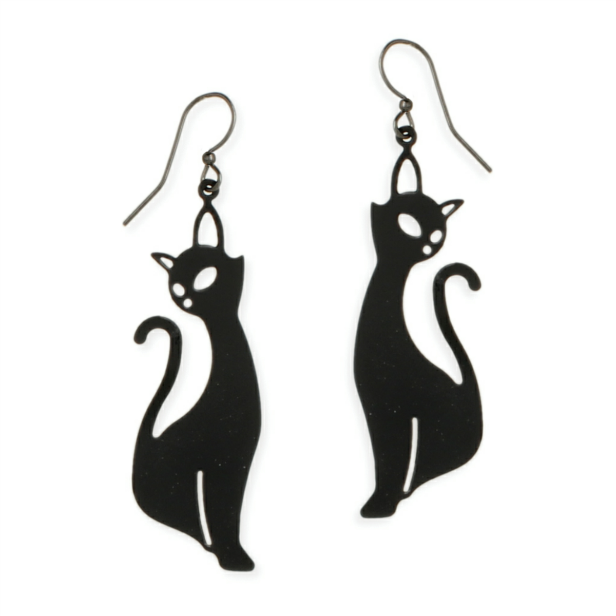 pair black enameled metal long necked 60s style sitting black cat dangle earrings