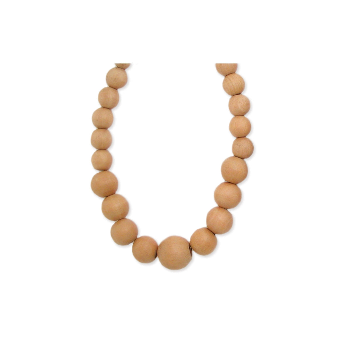 22" - 24" graduated light colored wood bead strand with an adjustable bronze tone metal chain and lobster claw clasp