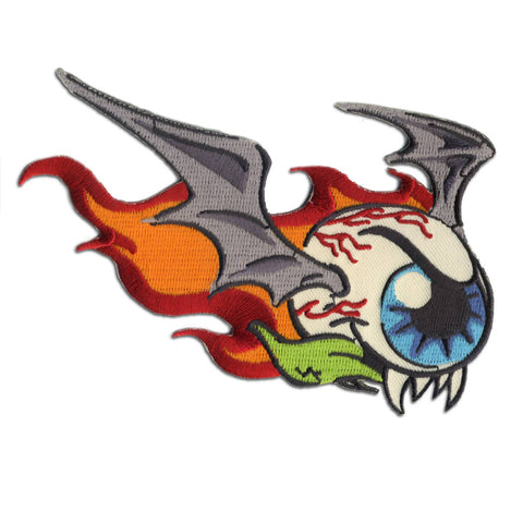 flaming fanged flying eyeball embroidered patch