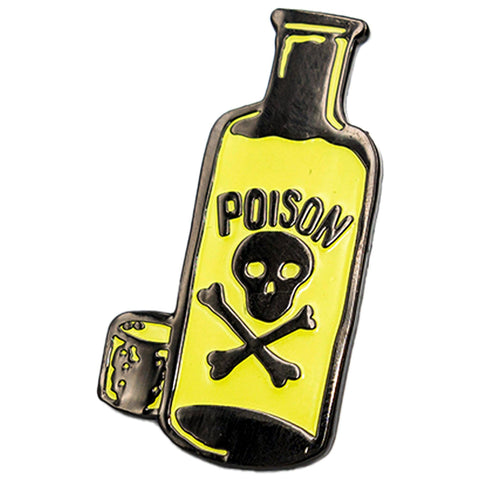 Glow-in-the-dark toxic green skull & crossbones labeled poison bottle shaped enameled black metal pin