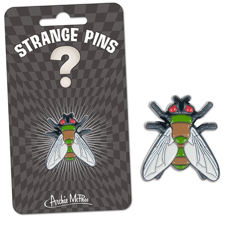 7/8" soft enamel brown and green body withwhite wings and red eyes housefly clutch back pin, shown next to one on illustrated backer card packaging