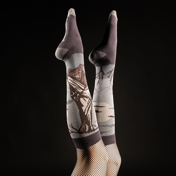 hanging bat & full moon soft stretch cotton blend knee socks, shown on model