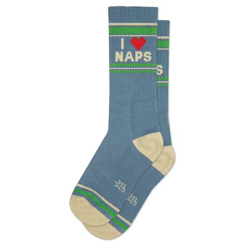 pair "I Love Naps" text using red heart to represent love on grey with green and white ribbed knit crew length gym socks