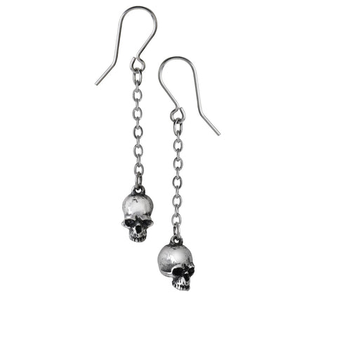 pair "Deadskull" 1/8" x 3/8" x 1/8" antiqued pewter jawless skulls on delicate 1" chain dangle earrings with silver plated hooks