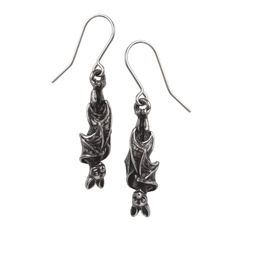 "Awaiting the Eventide" 1 1/8" antiqued pewter hanging bats dangle earrings on stainless steel hooks