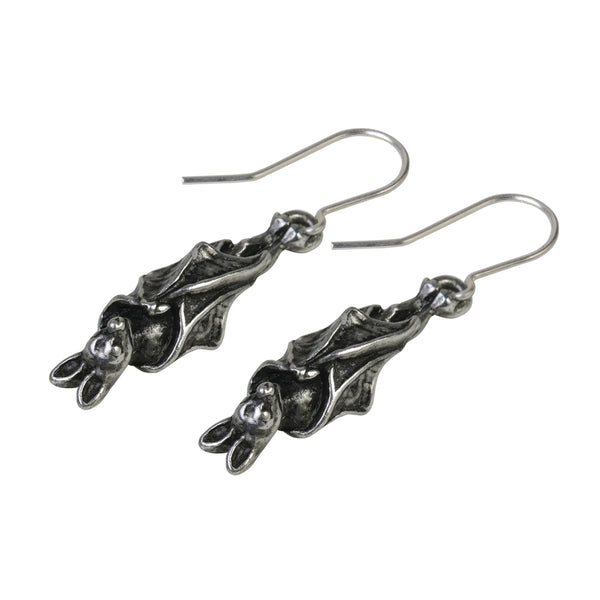 "Awaiting the Eventide" 1 1/8" antiqued pewter hanging bats dangle earrings on stainless steel hooks