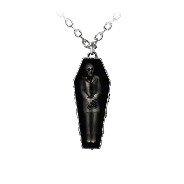 vampire Count Orlock encased in resin, resting in his nicely detailed antiqued pewter coffin, 5/8" x 1/8" x 1 1/8" pendant on 21" silver metal chain