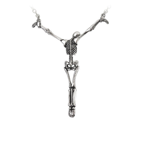 "Alter Orbis" 3 1/2" x 4 1/4" shackled arms outstretched skeleton pewter pendant on 16" - 17 1/2" silver metal chain