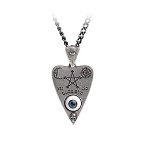 1 1/4" x 2 1/4" hinged pewter Ouija planchette pendant with taxidermal eye on 20" - 21 1/2" silver metal chain