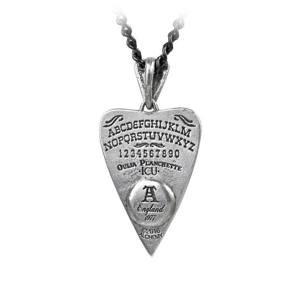 1 1/4" x 2 1/4" hinged pewter Ouija planchette pendant with taxidermal eye on 20" - 21 1/2" silver metal chain, shown back view