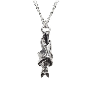 "Awaiting the Eventide" 1 5/8" antiqued pewter hanging bat pendant on 21" silver metal chain