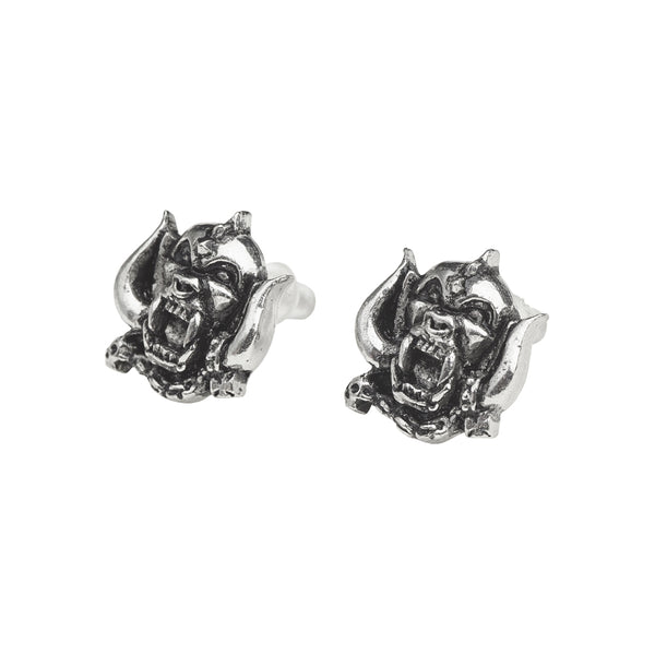 pair Motorhead's original War-Pig, or "Snaggletooth," animal skull hybrid 5/8" x 5/8" pewter post earrings