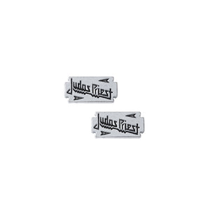 pair Judas Priest's British Steel razor blade 9/16" x 1/8" pewter post earrings