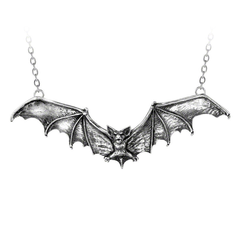 5" x 1 3/4" pewter bat in flight pendant on 21" silver metal chain