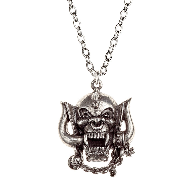Motorhead's original War-Pig, or "Snaggletooth," animal skull hybrid 1 1/2" x 1 1/4" pewter pendant on 21" silver metal chain
