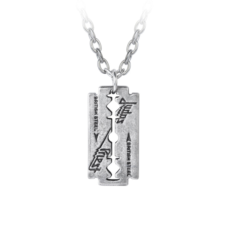 Judas Priest's British Steel razor blade 5/8" x 1 1/4" pewter pendant on 21" silver metal chain