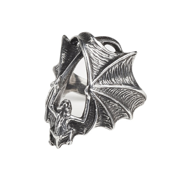 "Stealth" antiqued pewter 1 1/4" open-winged creeping bat ring