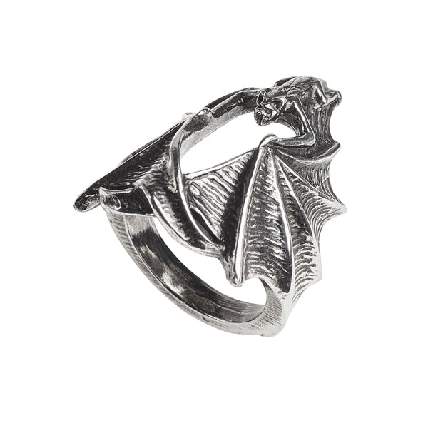 "Stealth" antiqued pewter 1 1/4" open-winged creeping bat ring