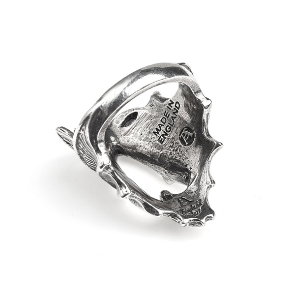 "Stealth" antiqued pewter 1 1/4" open-winged creeping bat ring, shown back view