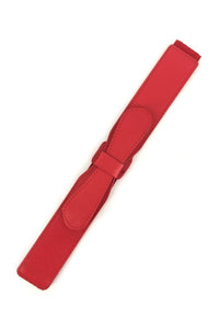 Matte red faux leather and elastic 1.5" wide belt with center front bow design and back snap closure