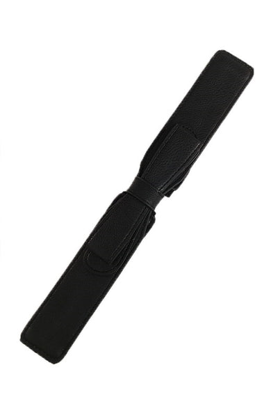 1 3/4" wide matte black faux leather and elastic 7" front bow detail belt with back snap closure